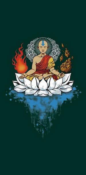 阿凡達角色在蓮花上冥想，帶有火和土元素。 — 禪 壁紙