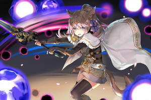 貓耳動漫戰士少女揮舞發光的劍，被魔法球環繞。 — 最終幻想XV 壁紙