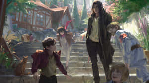 動漫角色在村莊石階上，周圍有木屋和綠植。