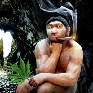 原始人在洞穴中抽雪茄手持大麻葉