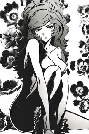 黑白插圖中被大花環繞的動漫少女 — 小米Mix 壁紙