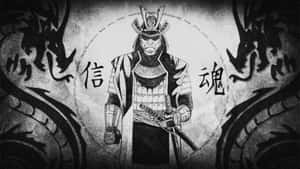 穿著盔甲的武士，兩側有龍和漢字。 — 戰士 壁紙