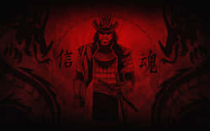穿著盔甲的武士，帶有龍和漢字，紅色背景 — 武士 壁紙