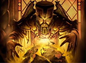 一位強大的巫師在黑暗的房間中從發光的球體引導火焰魔法。 — 魔法 GIF 壁紙