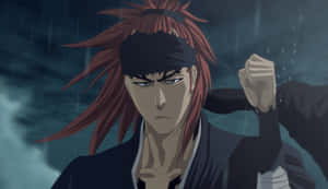 紅髮黑頭帶的動漫角色在雨中握拳。 — 中野三玖 壁紙