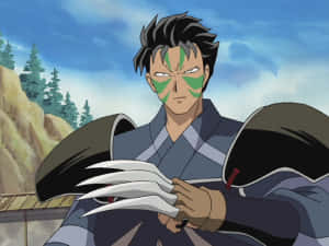 臉上塗著綠色顏料的動漫戰士在戶外握著爪狀武器。 — 武士 壁紙