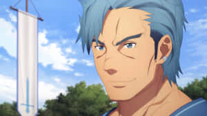 動漫男性戰士，藍色頭髮和眼睛，在帶有劍旗的天空下。 — 動漫打鬥 壁紙