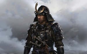 全副武裝的武士站在風暴天空下。 — 對馬戰鬼 GIF 壁紙