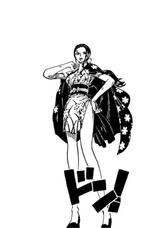 身穿花卉和服和披風的動漫女性，擺出戲劇性的姿勢，帶有擬聲詞。 — POCO Pad 壁紙