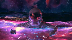 太空人在星光燦爛的天空下於色彩繽紛的宇宙海洋中游泳。 — 紫色銀河 壁紙