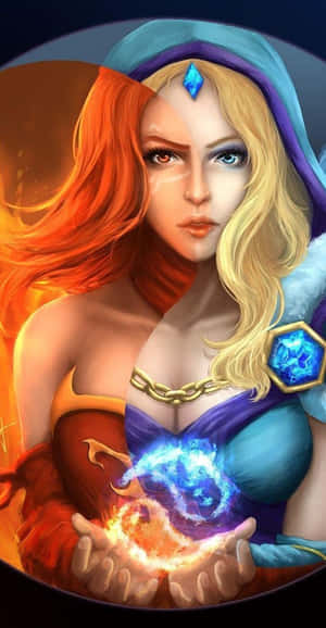 雙色頭髮的奇幻女性手持火焰與冰霜魔法球。 — 主畫面 壁紙