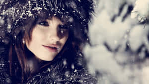 女士在白雪皚皚的冬季森林中戴著毛皮襯裡的兜帽，雪花飄落。 — 冬日美學 壁紙