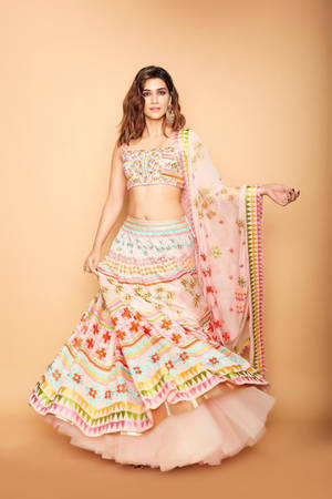 女士在攝影棚環境中穿著彩色刺繡 lehenga 和粉紅色 dupatta。 — 模特兒 GIF 壁紙