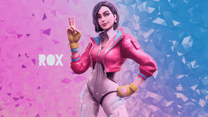 Fortnite 角色 Rox 穿著粉紅色服裝做出和平手勢。