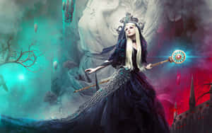 身穿黑色長袍的奇幻女王在詭異的藍綠色和紅色景觀中手持發光法杖。 — MacBook Pro 13 壁紙