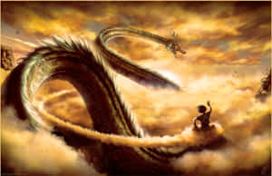 一位戰士跪在雲端上，面對金色夕陽天空中的一條巨龍。 — 雲朵 壁紙