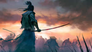 武士戰士在日落時持刀，風吹頭髮 — 劍 壁紙