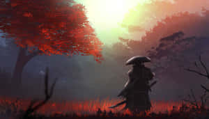 武士手持劍，在夕陽下穿過霧氣森林，紅楓樹環繞。 — 武士 壁紙