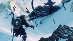 身穿盔甲的戰士在白雪覆蓋的山頂上與巨龍戰鬥。 — 維京人 GIF 壁紙