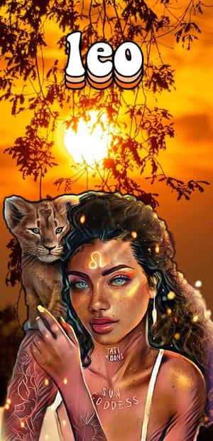 女性與幼獅在金色夕陽下，獅子座星座在額頭上發光。 — 獅子王 GIF 壁紙