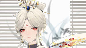 動漫女孩，銀色頭髮和紅色眼睛，在窗邊拿著一把裝飾扇。 — 源氏 GIF 壁紙