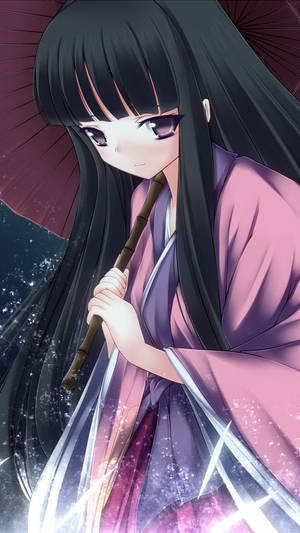 動漫女孩身穿粉紅色和服，夜晚在栗色傘下持笛，伴有閃爍光芒。 — 可愛動漫女仔 壁紙