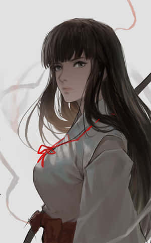 長黑髮和紅色蝴蝶結的動漫女孩，穿著柔軟灰色服裝。 — Galaxy Tab S 壁紙
