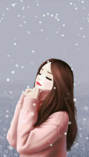 穿著粉紅色毛衣的動漫女孩閉上眼睛享受飄落的雪花。 — 熱粉紅美學 壁紙