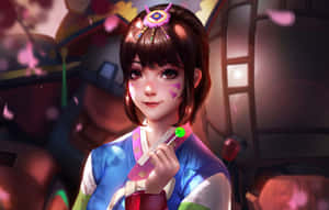穿著傳統服飾的動漫女孩拿著發光的綠色棒棒糖，櫻花飄落。 — 鬥陣特攻 GIF 壁紙