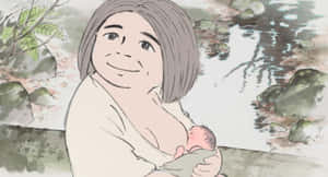 一位微笑的母親在岩石和綠植的河邊抱著她的新生嬰兒。 — 妖精垃圾搖滾 壁紙