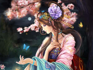 一位優雅的動漫女子，身穿傳統長袍，在櫻花樹下與蝴蝶相伴。 — 靚靚動畫 壁紙