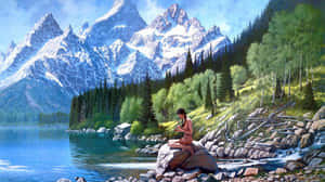 女性在岩石上冥想，旁邊是山間湖泊，周圍環繞著森林。 — 風景動圖 壁紙