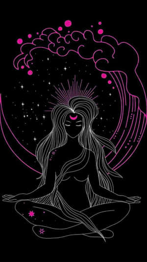 一位女性在帶有星星和粉紅色輪廓的宇宙波浪下冥想。 — 靈性動態圖 壁紙