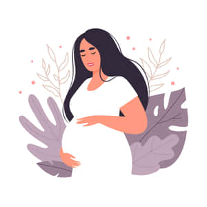 孕婦抱著她的肚子，周圍有紫色葉子和粉紅色圓點。 — iPad Pro 11 壁紙