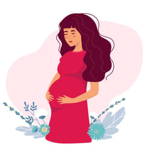 穿著紅色連衣裙的孕婦抱著肚子，周圍有花卉元素。 — 孕婦 壁紙