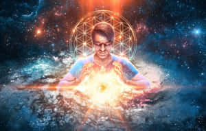 男子在繁星點點的星雲中冥想，發光的手掌懸於宇宙能量球之上。 — 靈性動態圖 壁紙