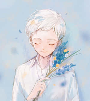 白發動漫男孩在平靜的時刻閉著眼睛，手持藍色和黃色的花朵。 — Oppo Find N5 壁紙