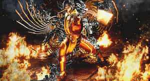 帶有機械翅膀和鎖鏈的Mortal Kombat戰士被火焰包圍。 — 真人快打11 壁紙