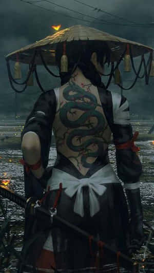 龍紋身武士在雨中手持武士刀 — 武士 壁紙