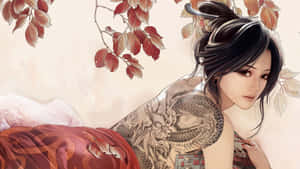秋葉下帶有龍紋身的動漫女子 — 武士 壁紙