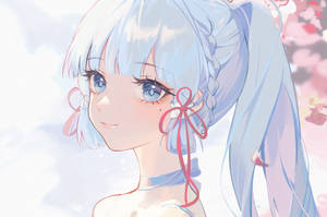 櫻花下藍色頭髮和紅色絲帶的動漫女孩。 — 原神 壁紙