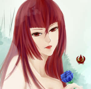 在柔和綠色背景中手持藍色玫瑰的紅髮動漫女孩。 — 紅色美學 壁紙