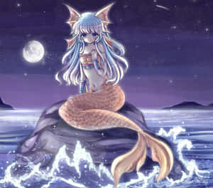 動漫美人魚，擁有狐狸耳朵，坐在月光照耀的水中岩石上，星空下。 — 美人魚 GIF 壁紙
