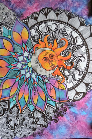 一幅色彩繽紛的抽象插圖，描繪太陽和月亮在曼陀羅設計中擁抱。