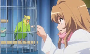 動漫女孩微笑著伸手去觸摸籠子裡的綠色鸚鵡。 — 龍與虎 壁紙