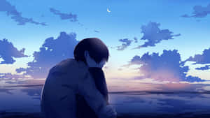動漫男孩在黃昏時獨自坐在水邊，有新月和紫色雲彩。