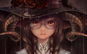 動漫女孩戴眼鏡和公羊角在雨中戴著玫瑰帽 — 巫師 壁紙