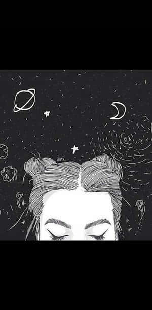 一個閉上眼睛的人，被星星和月亮等宇宙塗鴉包圍。