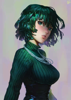 動漫風格女性，綠色頭髮和羅紋上衣，粉彩背景。 — 古勒比加 壁紙