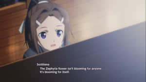 動漫女孩，棕色頭髮和紫色眼睛，從木質表面窺視。 — 劍 壁紙